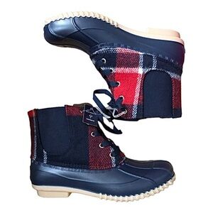 Jack Rogers navy & red wool tartan plaid look laceup‎ duck boots size 10 new